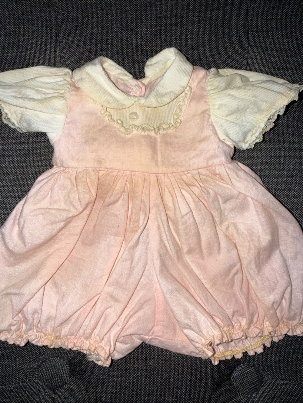 Antique doll outfit pink jumper shorts and cream short sleeve lace trim